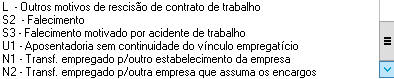 Continuidade da lista de códigos de saída, exibindo opções como falecimento, aposentadoria e transferência de empregado.