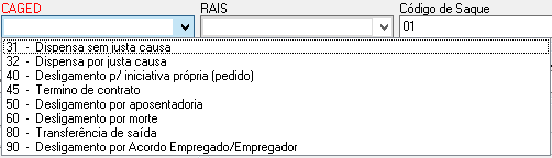 Menu suspenso "CAGED" com códigos de desligamento, destacando opções de dispensa, término de contrato e acordo.
