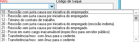 Menu suspenso "RAIS" listando causas de afastamento como término de contrato, rescisão indireta e transferências.