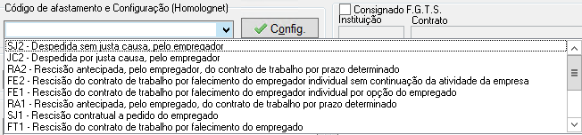 Menu suspenso com códigos de afastamento Homolognet, como SJ2 (Despedida sem justa causa) e SJ1 (Rescisão a pedido do empregado).