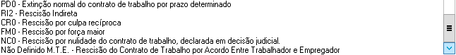 Menu suspenso com códigos de afastamento Homolognet, como SJ2 (Despedida sem justa causa) e SJ1 (Rescisão a pedido do empregado).