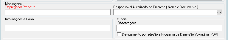 Campos de texto para Mensagens do Empregador Preposto, Responsável Autorizado, Informações à Caixa e observações do eSocial (PDV).