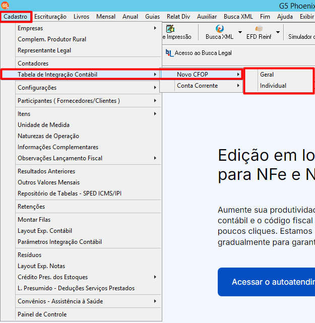 Menu "Cadastro" selecionado, navegando por "Tabela de Integração Contábil", "Novo CFOP" até a opção "Geral".