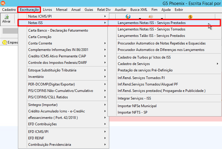 Menu "Escrituração" selecionado, acessando "Notas ISS" e a opção "Lançamentos Notas ISS - Serviços Prestados".