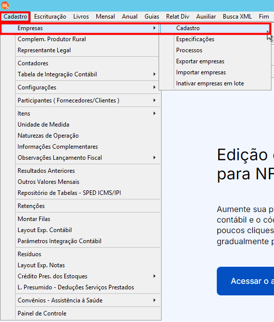 Menu "Cadastro" selecionado, seguindo para "Empresas" e a opção "Cadastro" no sistema G5.