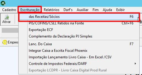 Menu "Escrituração" do módulo JR Phoenix, destacando a opção "das Receitas/Sócios (F6)".