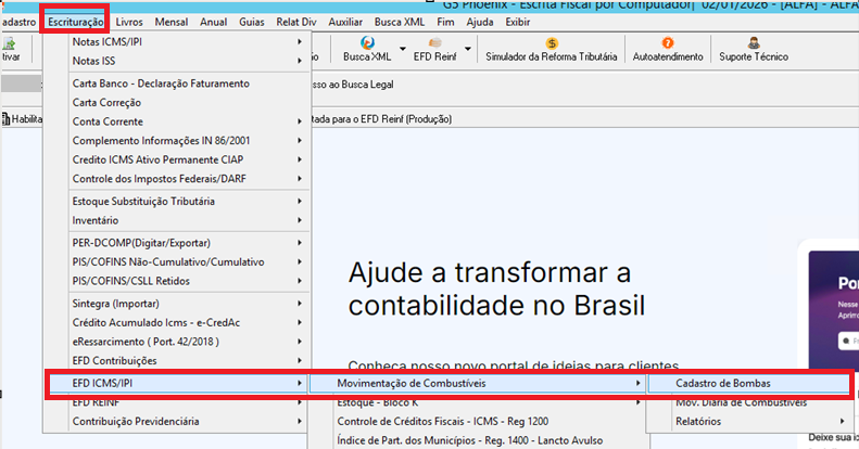 Menu do sistema G5 destacando o caminho: Escrituração > EFD ICMS/IPI > Movimentação de Combustíveis > Cadastro de Bombas.