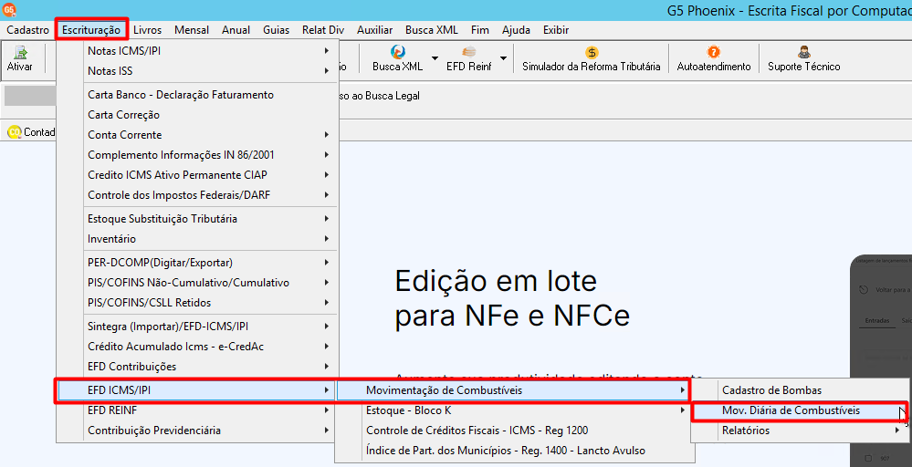 Captura de tela do sistema G5 Phoenix detalhando o caminho de menus para acessar o lançamento da movimentação diária de combustíveis.