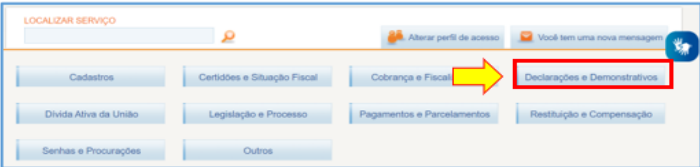 Menu principal do e-CAC com destaque em vermelho na opção "Declarações e Demonstrativos".