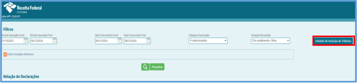 Tela de filtros da DCTFWeb com destaque no botão "Módulo de Inclusão de Tributos" no canto direito.