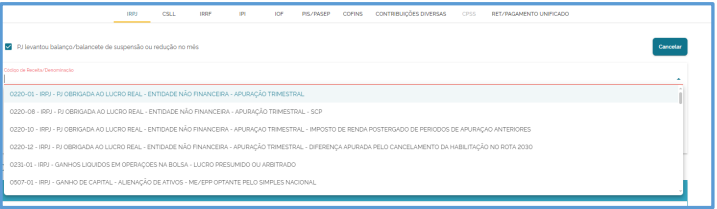 Menu suspenso no Módulo de Inclusão de Tributos listando códigos de receita para IRPJ, como Lucro Real e Ganhos de Capital.