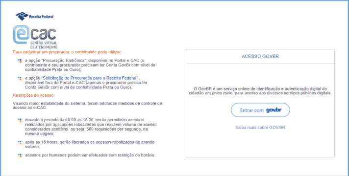 Tela de login do portal e-CAC da Receita Federal com botões para acesso via Gov.br e informações sobre restrições para robôs.