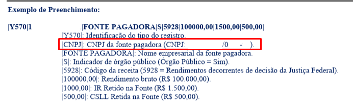 Exemplo de preenchimento do Registro Y570 com destaque em vermelho no campo CNPJ da fonte pagadora.
