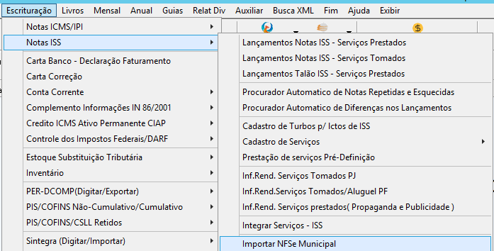 Menu Escrituração do software selecionando Notas ISS e a opção Importar NFSe Municipal.