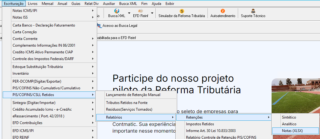 Caminho no menu para gerar relatório de Retenções em formato Notas (XLSX) através do módulo PIS/COFINS/CSLL Retidos.