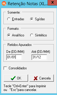 Filtros do relatório de Retenção Notas (XLSX) configurado para Saídas, Analítico e período de 01/01 a 31/12.