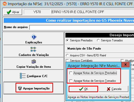 Janela de Importação da NFSe com destaque no botão Apagar Importação e confirmação para excluir notas de serviços prestados.