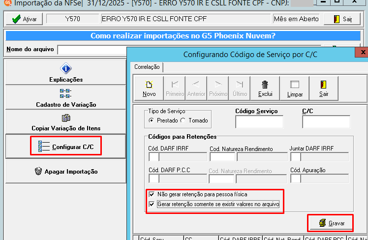 Tela Configurando Código de Serviço por C/C com as opções de não gerar retenção para pessoa física e apenas se houver valores marcadas.
