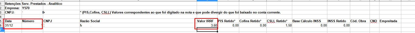 Planilha Excel de Retenções de Serviços Prestados exibindo colunas de Data, Número, CNPJ, Valor IRRF e CSLL Retido.