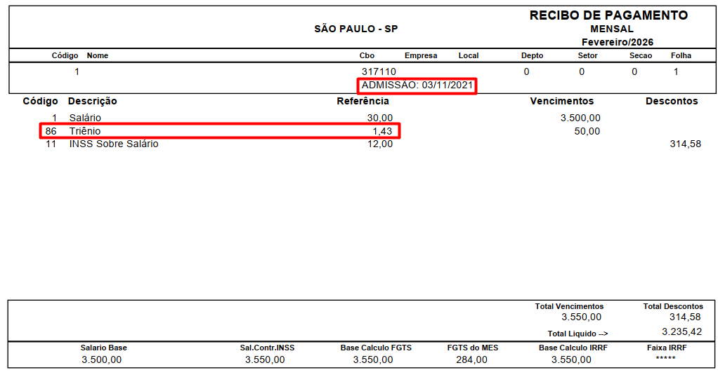 Holerite de fevereiro/2026 com destaque para o Triênio: referência de 1,43 e valor de R$ 50,00 sobre salário base de R$ 3.500,00.