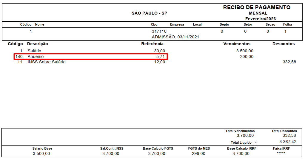 Holerite de fevereiro/2026 com destaque para o Anuênio: referência de 5,71 e valor de R$ 200,00 sobre salário base de R$ 3.500,00.