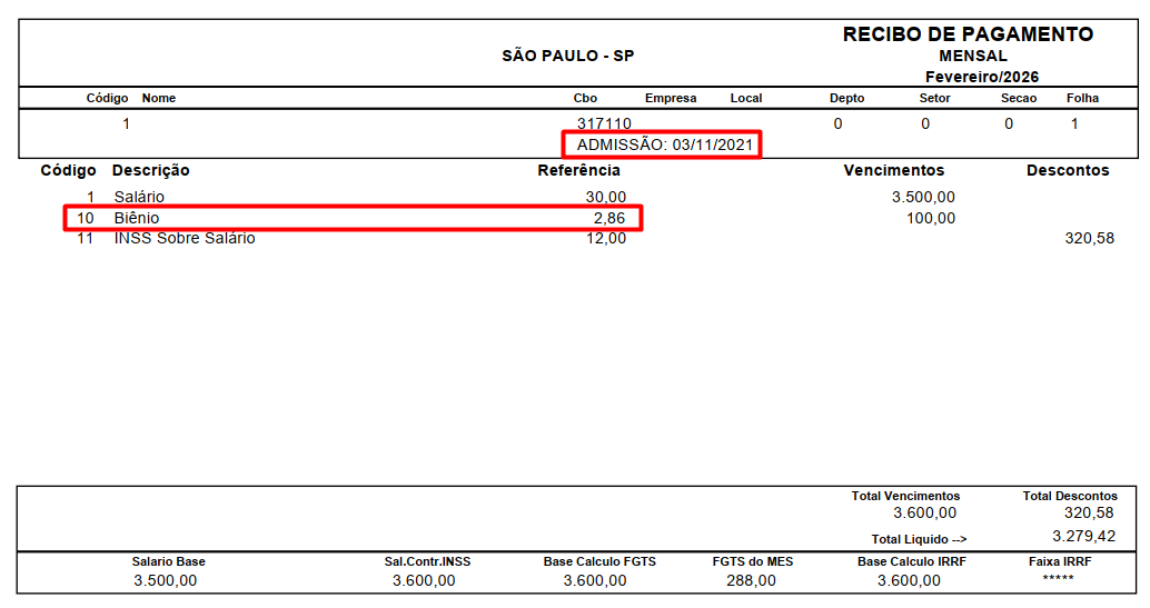 Holerite de fevereiro/2026 com destaque para o Biênio: referência de 2,86 e valor de R$ 100,00 sobre salário base de R$ 3.500,00.