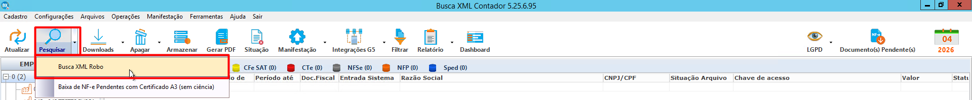 Interface do Busca XML destacando o botão "Pesquisar" e a opção "Busca XML Robô" no menu suspenso.