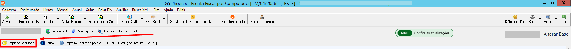Menu principal do G5 com destaque em "Empresa habilitada" na barra de status inferior.