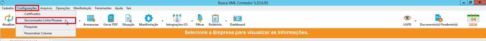 Janela Busca XML Contador com o menu "Configurações" aberto e a opção "Sincronizador Linha Phoenix" selecionada.