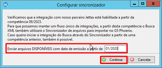 Tela "Configurar sincronizador" informando integração com Jettax e campo para definir data de emissão inicial dos arquivos.