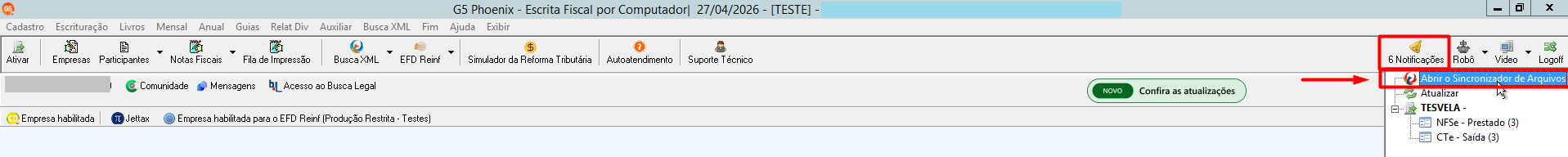 Barra superior do G5 com o menu de "Notificações" aberto, destacando a opção "Abrir o Sincronizador de Arquivos".
