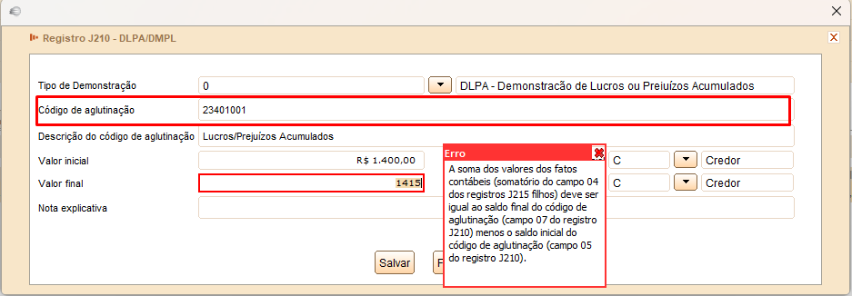 Tela do sistema contábil exibindo o Registro J210 - DLPA/DMPL com alerta de erro sobre a soma dos fatos contábeis nos registros J215.