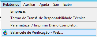 Menu suspenso do software contábil com a opção "Balancete de Verificação - Web" selecionada na aba Relatórios.