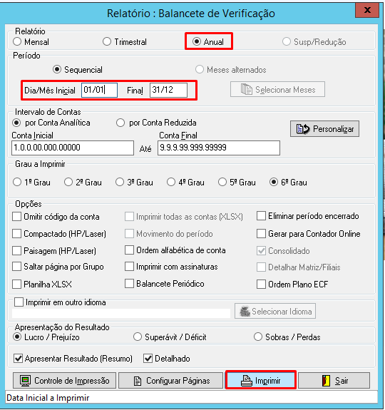 Janela de configuração do Relatório de Balancete de Verificação com período anual (01/01 a 31/12) e opção Imprimir destacada.