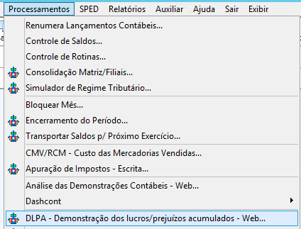 Menu Processamentos do sistema destacando o acesso à funcionalidade "DLPA - Demonstração dos lucros/prejuízos acumulados - Web".
