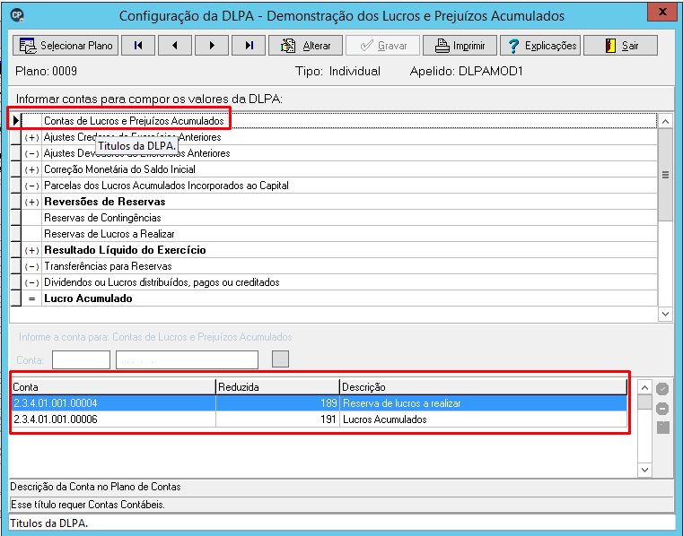 Janela de Configuração da DLPA listando as contas contábeis 2.3.4.01.001.00004 e 2.3.4.01.001.00006 vinculadas ao Lucro Acumulado.