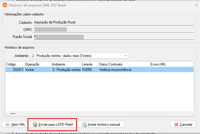 Janela de histórico de arquivos XML do EFD-Reinf exibindo o evento R2055 e o botão "Enviar para o EFD Reinf".