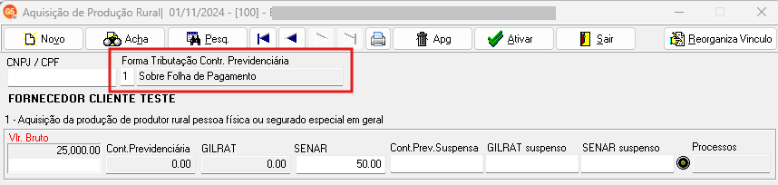 Destaque para o campo "Forma Tributação Contr. Previdenciária" configurado como "1 - Sobre Folha de Pagamento" no sistema.