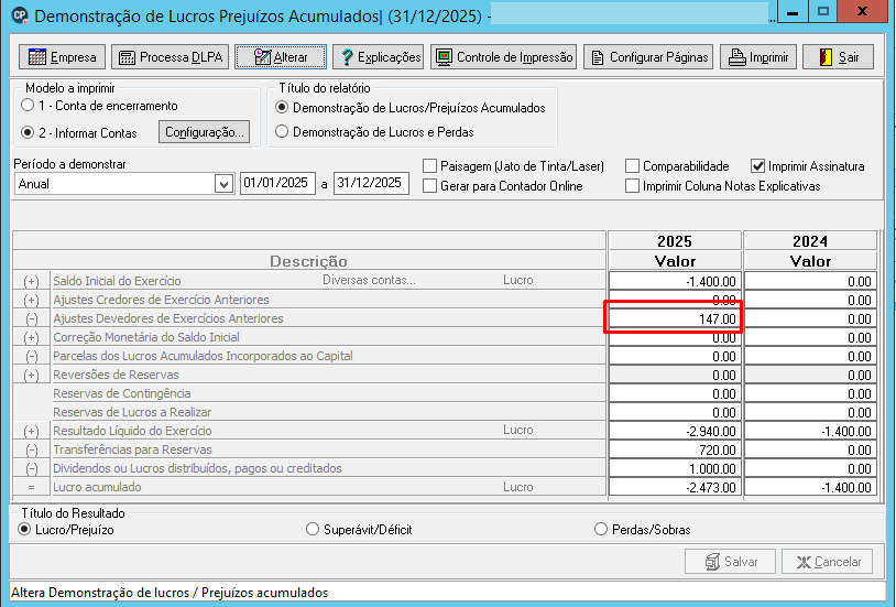 Relatório de conferência de saldos comparando os valores da DLPA com os saldos das contas analíticas no balancete.