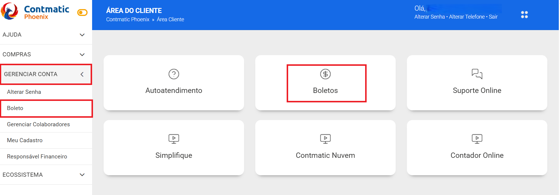 Painel da Área do Cliente Contmatic com menu lateral. Destaque em vermelho para as opções "Gerenciar Conta", "Boleto" e o ícone central "Boletos".