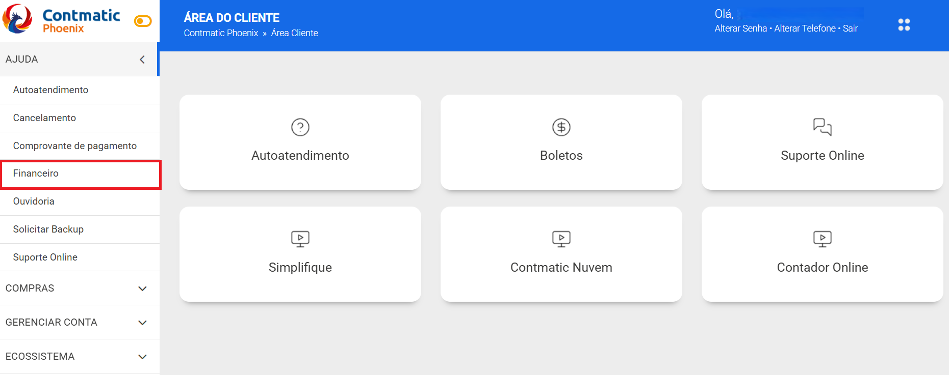 Painel da Área do Cliente Contmatic com menu lateral. Destaque em vermelho para a opção "Financeiro".