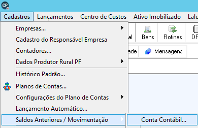 Menu do sistema contábil destacando o caminho: Cadastros > Saldos Anteriores / Movimentação > Conta Contábil.