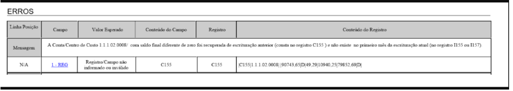 Erro na ECD indicando que a conta 1.1.1.02.0008, recuperada da escrituração anterior (C155), não existe na atual (I155/I157).