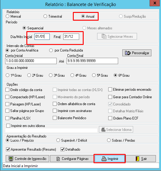 Tela de filtros do Relatório Balancete de Verificação, com destaque para a seleção de período anual (01/01 a 31/12).