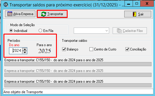 Janela de transporte de saldos, configurada para transferir dados do balanço e conciliação do ano de 2024 para 2025.