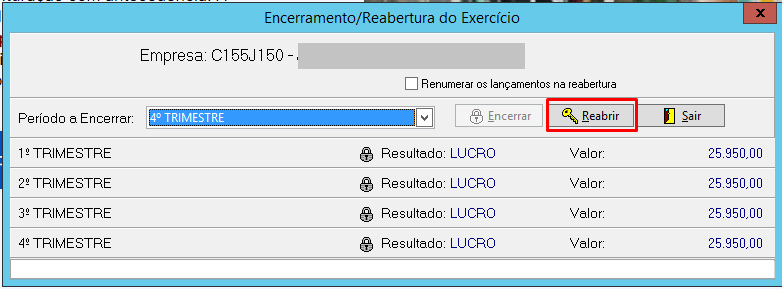 Tela de Encerramento/Reabertura do Exercício, com destaque para o botão Reabrir e status de lucro nos quatro trimestres.