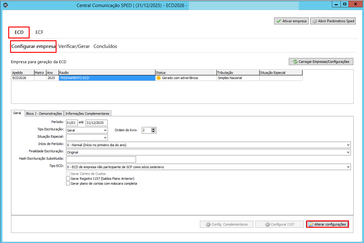 Tela de configuração da ECD no SPED, com a aba "Configurar empresa" e o botão "Alterar configurações" em destaque.
