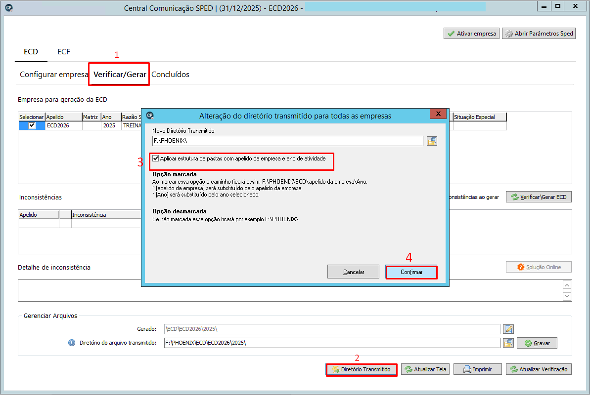 Central de comunicação SPED do sistema Contábil. Exibe a aba Verificar/gerar e na frente há um push de alteração de diretório transmitido para todas as empresas.