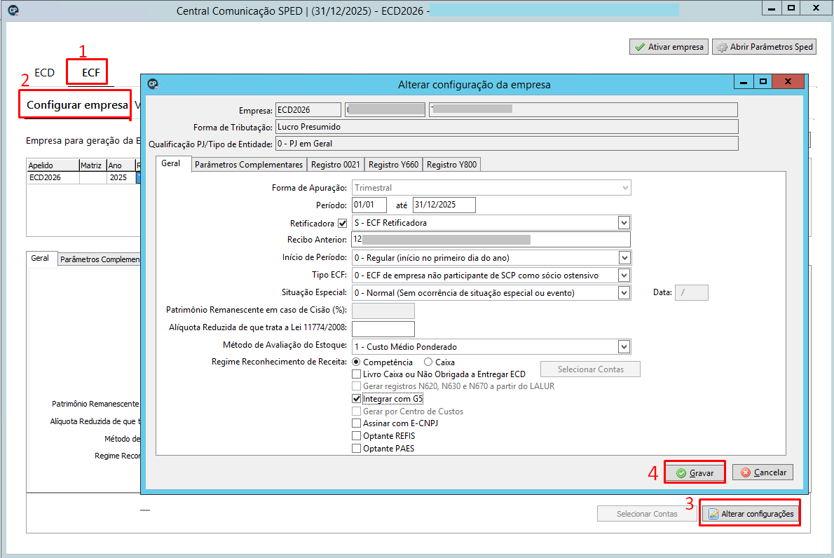 Tela do SPED com abas ECD e ECF. O destaque indica a seleção da aba ECF e o menu "Configurar empresa" à esquerda.