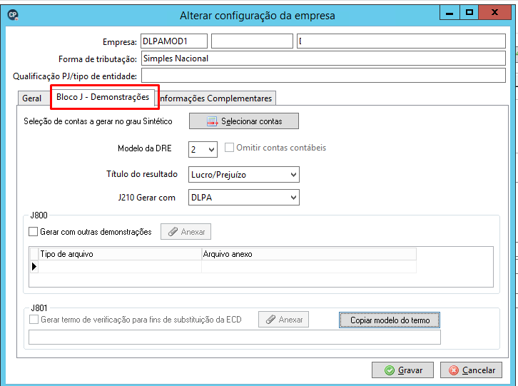 Aba "Bloco J - Demonstrações" com configurações para Modelo da DRE, título do resultado e definição do registro J210 como DLPA.